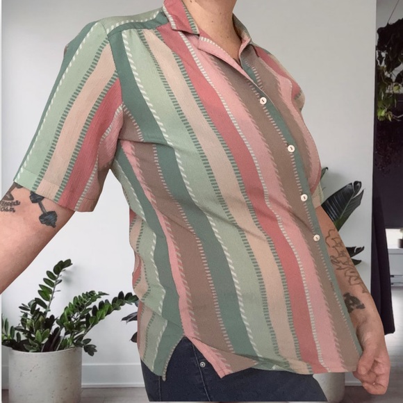 Allison Daley Vintage 90โs Pastel Candy Unisex Striped Lightweight Button Up 12 - Picture 2 of 11